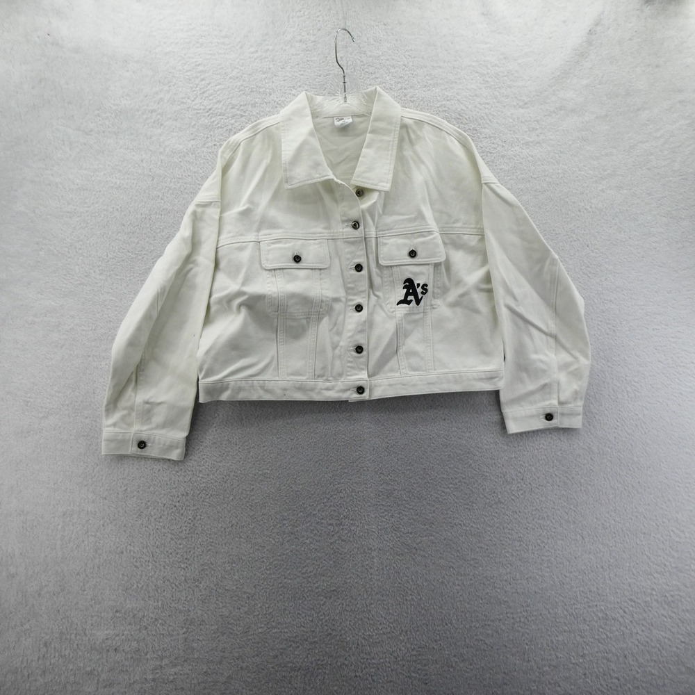 GIII 4Her Jacket Women Medium Oakland Athletics White Denim Cropped Rhinestone